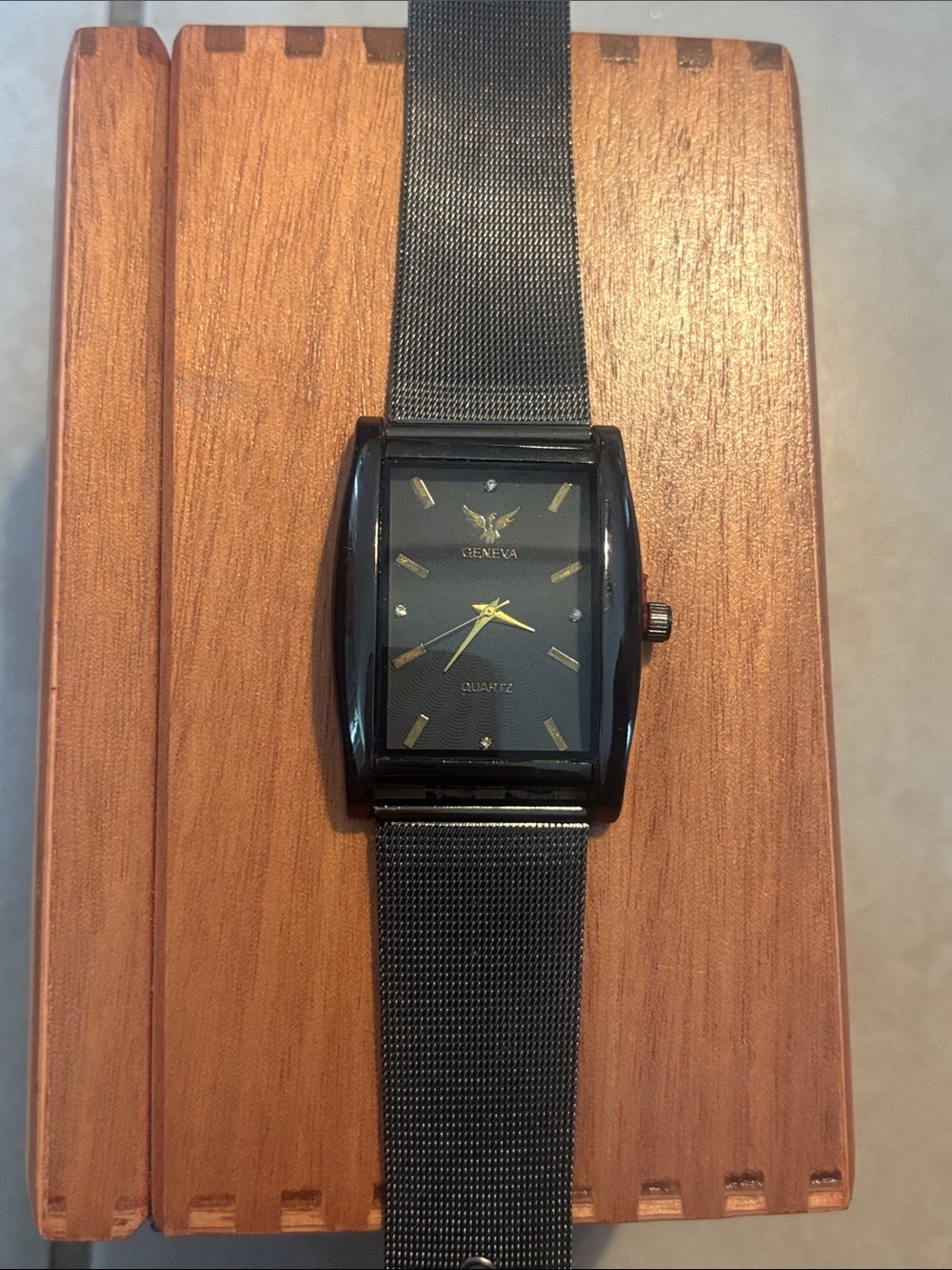 Geneva Black Mesh Band Men’s Quartz Watch with Gold Markers